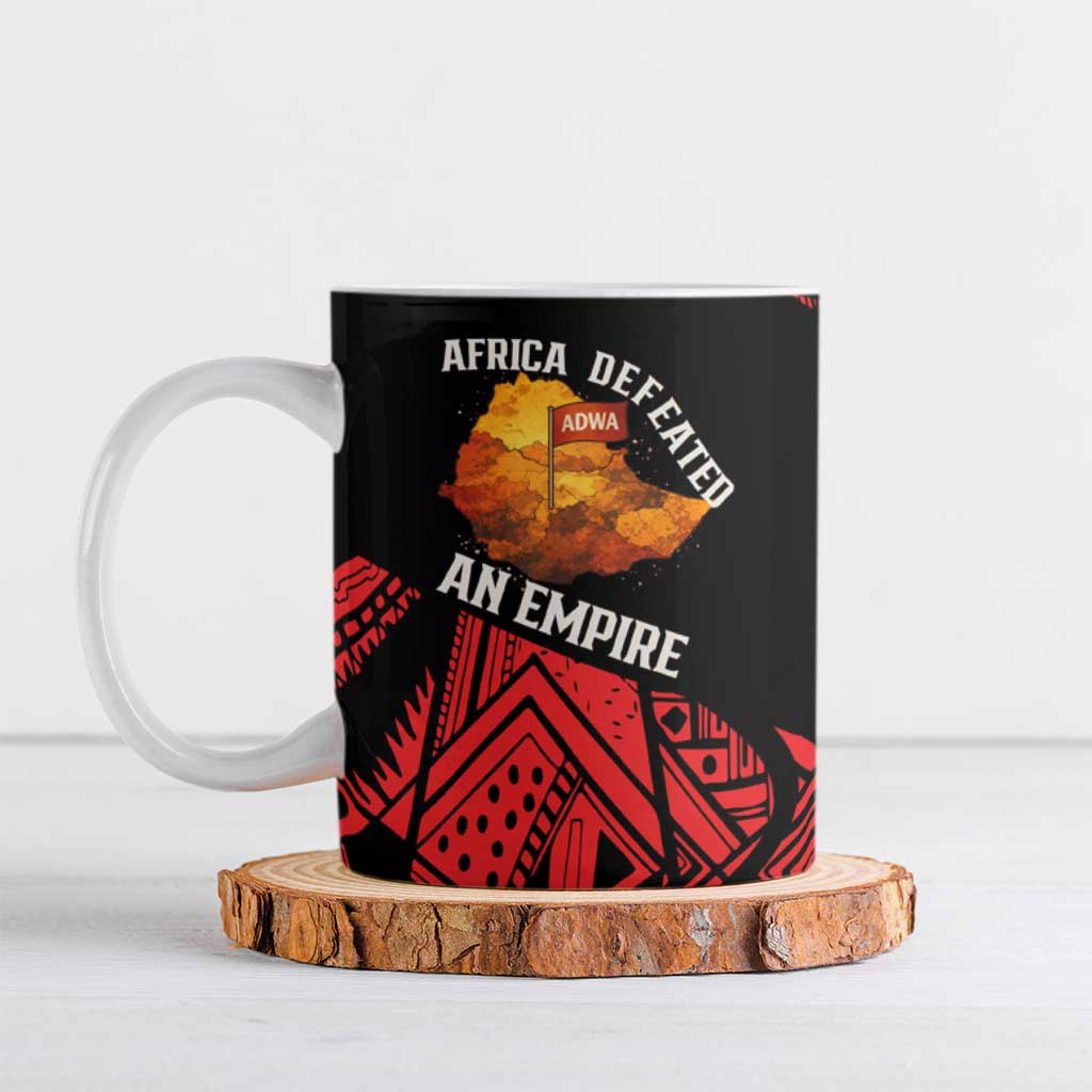 Menelik II Ceramic Mug with Adwa Victory Map, Africa Defeated an Empire Text and Red Geometric - African Pride