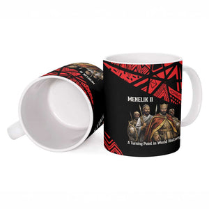 Menelik II Ceramic Mug with Adwa Victory Map, Africa Defeated an Empire Text and Red Geometric - African Pride