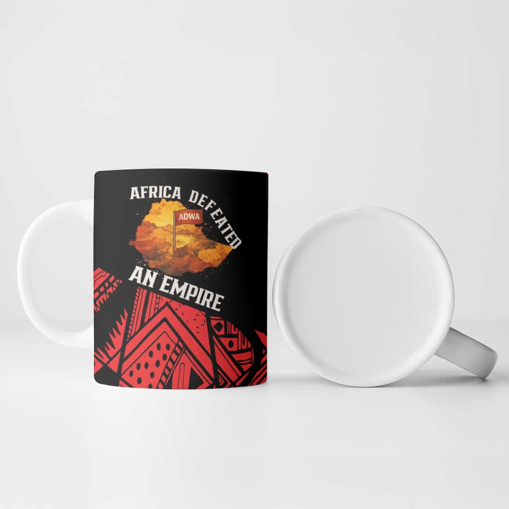Menelik II Ceramic Mug with Adwa Victory Map, Africa Defeated an Empire Text and Red Geometric - African Pride