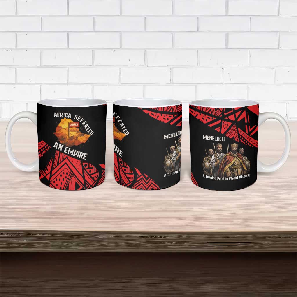 Menelik II Ceramic Mug with Adwa Victory Map, Africa Defeated an Empire Text and Red Geometric - African Pride