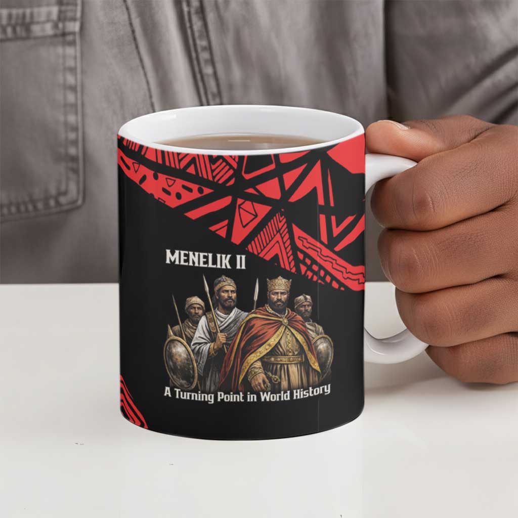 Menelik II Ceramic Mug with Adwa Victory Map, Africa Defeated an Empire Text and Red Geometric - African Pride