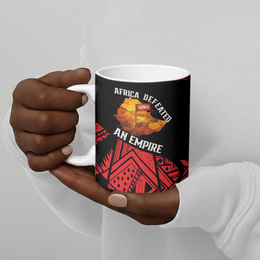 Menelik II Ceramic Mug with Adwa Victory Map, Africa Defeated an Empire Text and Red Geometric - African Pride