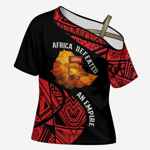 Menelik II Cross Shoulder Shirt with Adwa Victory Map, Africa Defeated an Empire Text and Red Geometric - African Pride