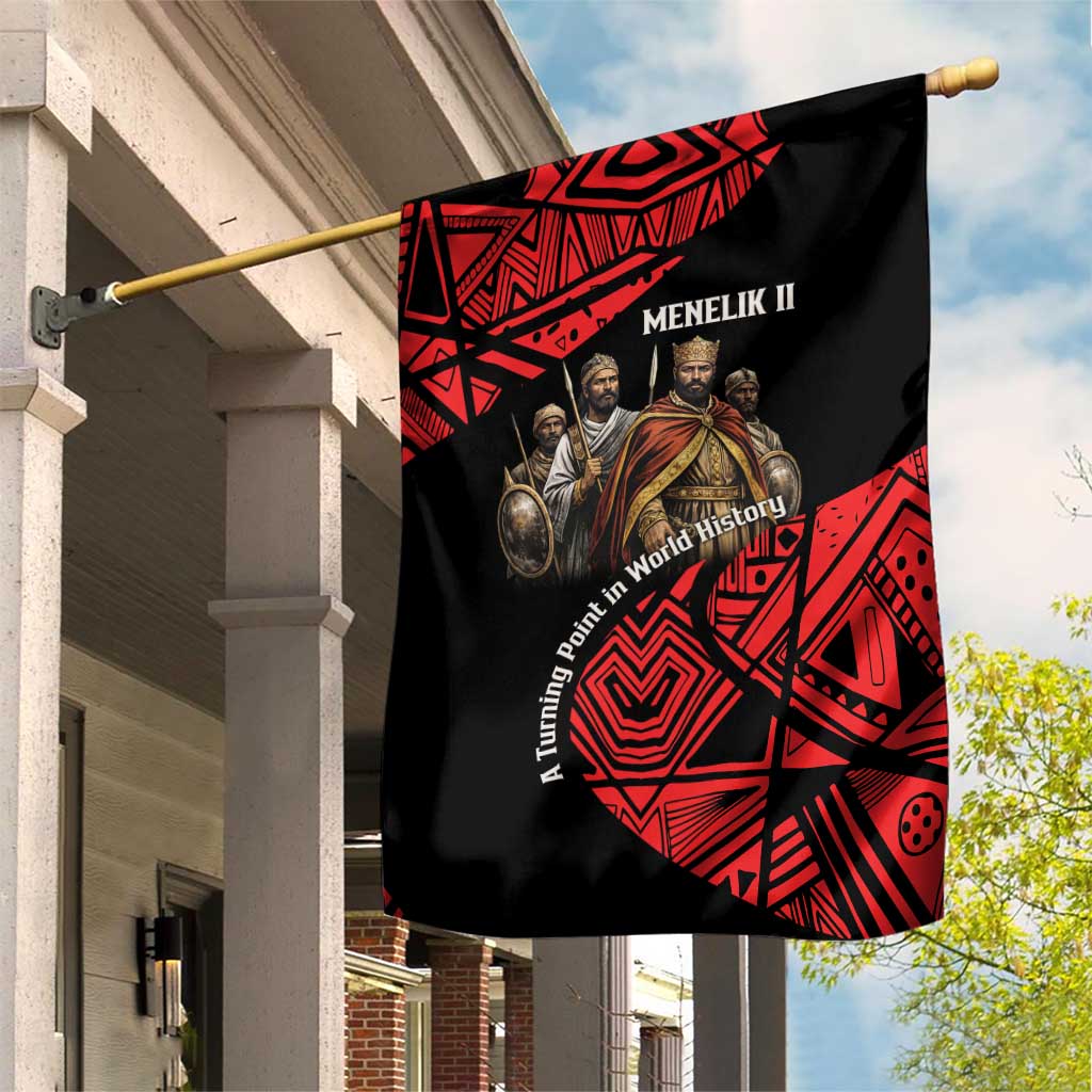 Menelik II Garden Flag with Adwa Victory Map, Africa Defeated an Empire Text and Red Geometric - African Pride