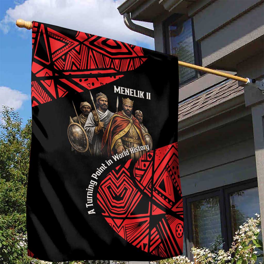 Menelik II Garden Flag with Adwa Victory Map, Africa Defeated an Empire Text and Red Geometric - African Pride