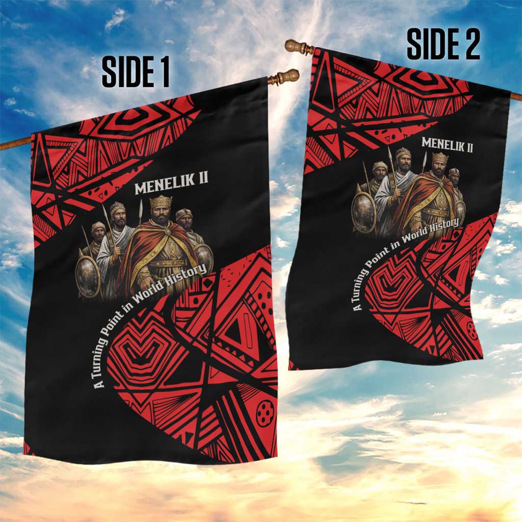 Menelik II Garden Flag with Adwa Victory Map, Africa Defeated an Empire Text and Red Geometric - African Pride