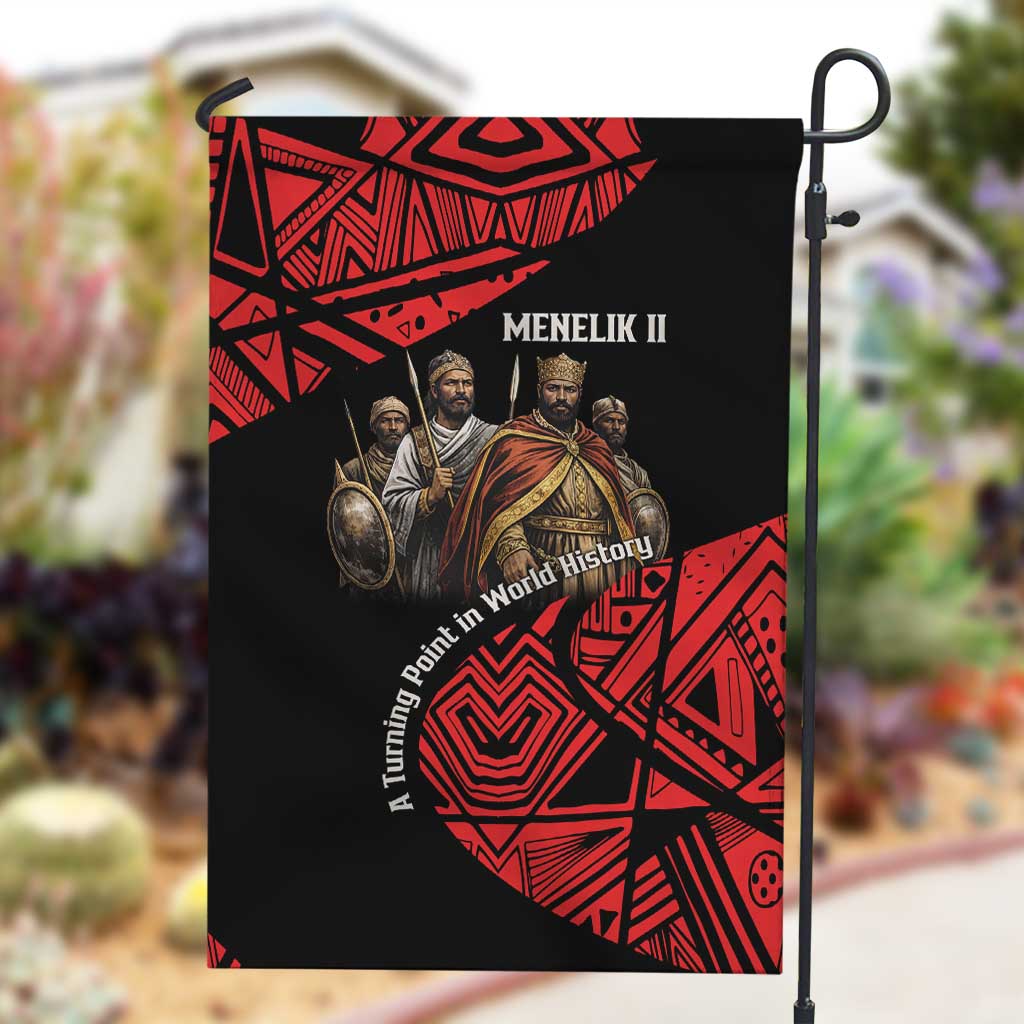 Menelik II Garden Flag with Adwa Victory Map, Africa Defeated an Empire Text and Red Geometric - African Pride