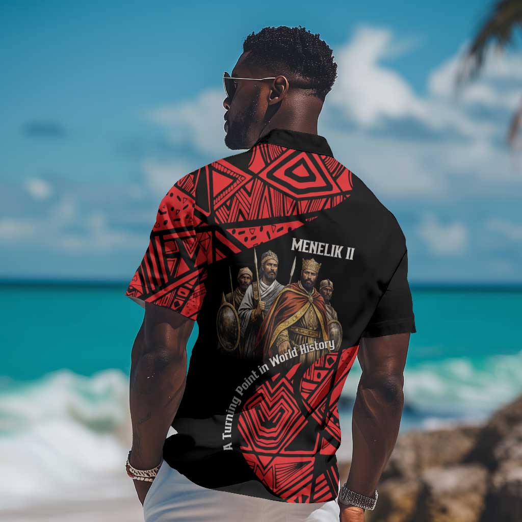 Menelik II Hawaiian Shirt with Adwa Victory Map, Africa Defeated an Empire Text and Red Geometric - African Pride