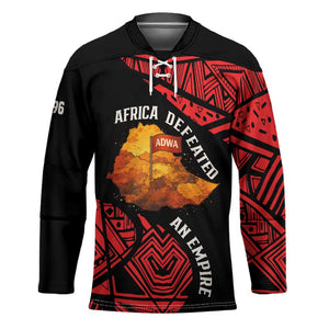 Menelik II Hockey Jersey with Adwa Victory Map, Africa Defeated an Empire Text and Red Geometric - African Pride