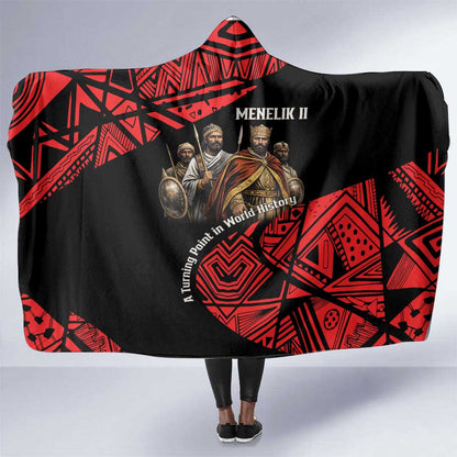 Menelik II Hooded Blanket with Adwa Victory Map, Africa Defeated an Empire Text and Red Geometric - African Pride