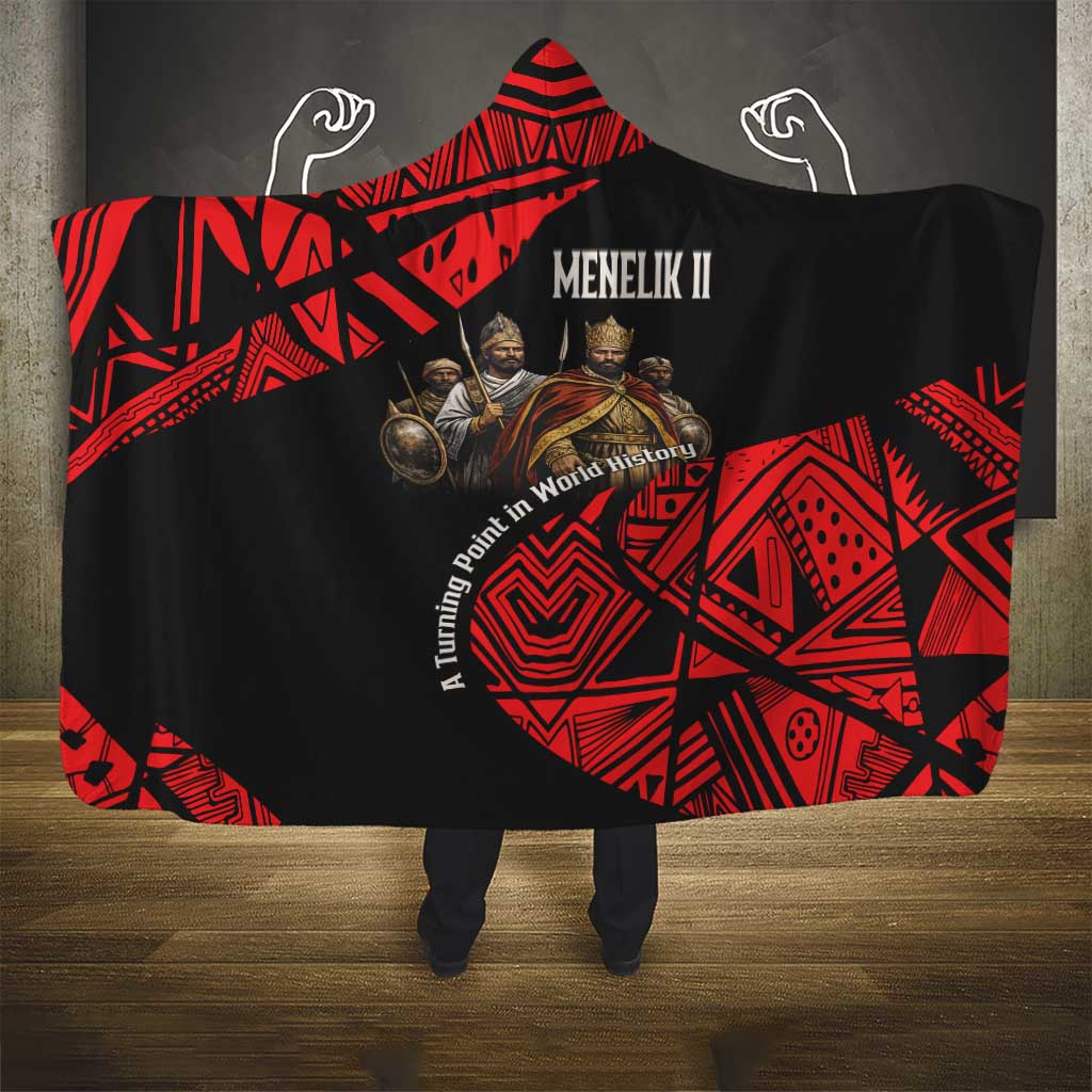 Menelik II Hooded Blanket with Adwa Victory Map, Africa Defeated an Empire Text and Red Geometric - African Pride