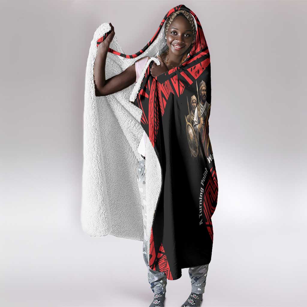Menelik II Hooded Blanket with Adwa Victory Map, Africa Defeated an Empire Text and Red Geometric - African Pride