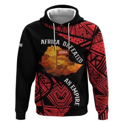 Menelik II Hoodie with Adwa Victory Map, Africa Defeated an Empire Text and Red Geometric - African Pride