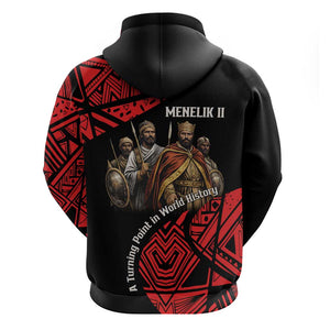 Menelik II Hoodie with Adwa Victory Map, Africa Defeated an Empire Text and Red Geometric - African Pride