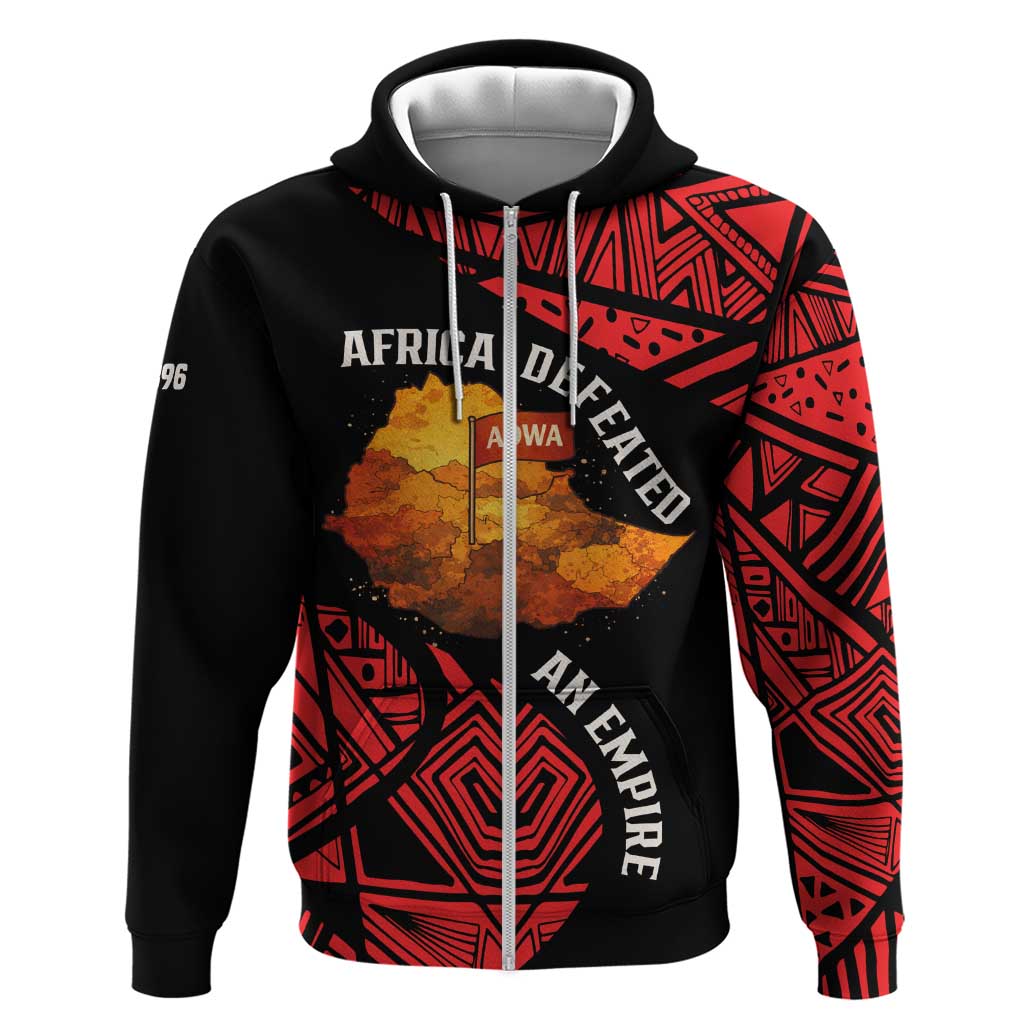 Menelik II Hoodie with Adwa Victory Map, Africa Defeated an Empire Text and Red Geometric - African Pride