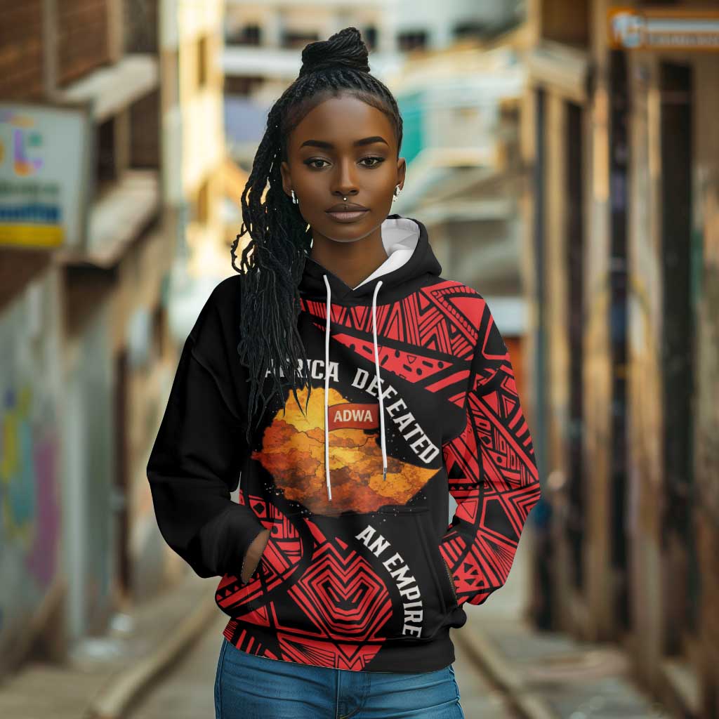 Menelik II Hoodie with Adwa Victory Map, Africa Defeated an Empire Text and Red Geometric - African Pride