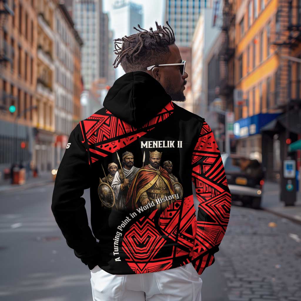 Menelik II Hoodie with Adwa Victory Map, Africa Defeated an Empire Text and Red Geometric - African Pride