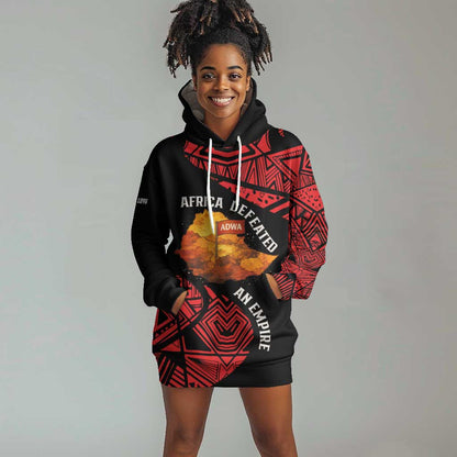 Menelik II Hoodie Dress with Adwa Victory Map, Africa Defeated an Empire Text and Red Geometric - African Pride