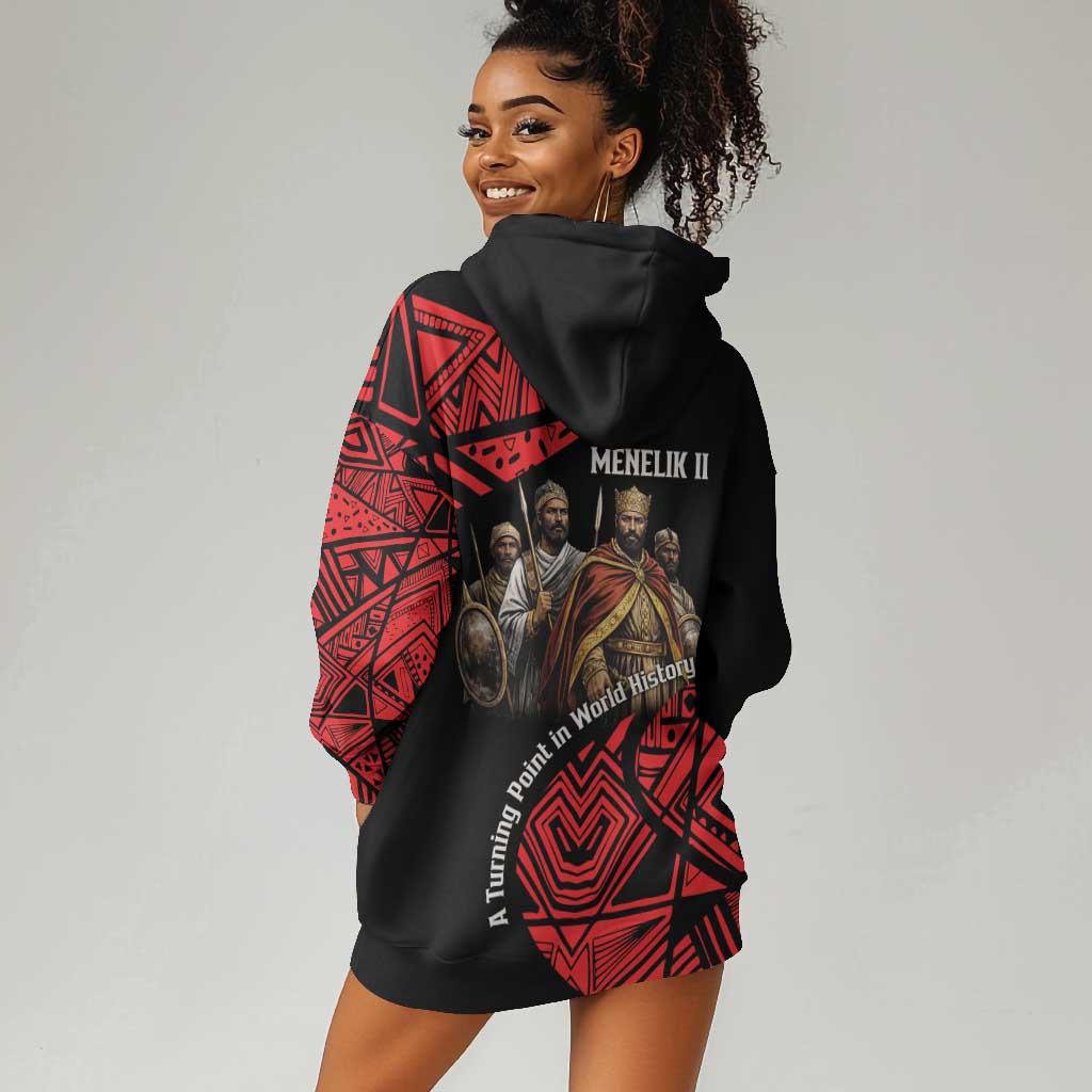 Menelik II Hoodie Dress with Adwa Victory Map, Africa Defeated an Empire Text and Red Geometric - African Pride