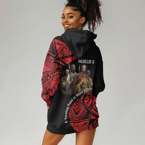 Menelik II Hoodie Dress with Adwa Victory Map, Africa Defeated an Empire Text and Red Geometric - African Pride