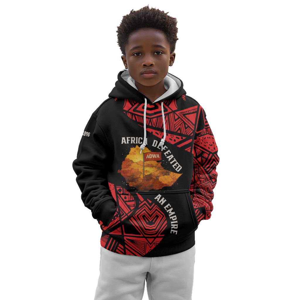 Menelik II Kid Hoodie with Adwa Victory Map, Africa Defeated an Empire Text and Red Geometric - African Pride