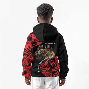 Menelik II Kid Hoodie with Adwa Victory Map, Africa Defeated an Empire Text and Red Geometric - African Pride