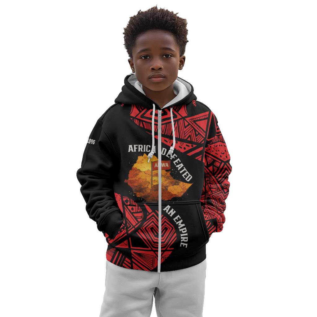 Menelik II Kid Hoodie with Adwa Victory Map, Africa Defeated an Empire Text and Red Geometric - African Pride
