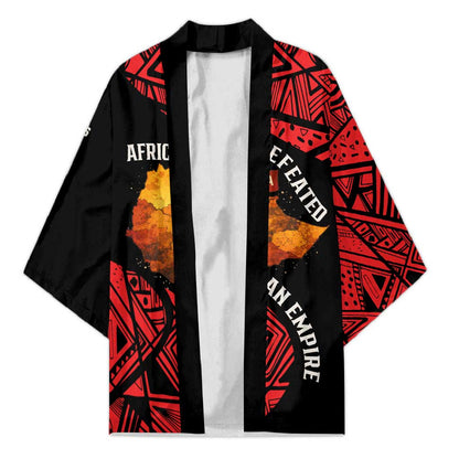 Menelik II Kimono with Adwa Victory Map, Africa Defeated an Empire Text and Red Geometric - African Pride