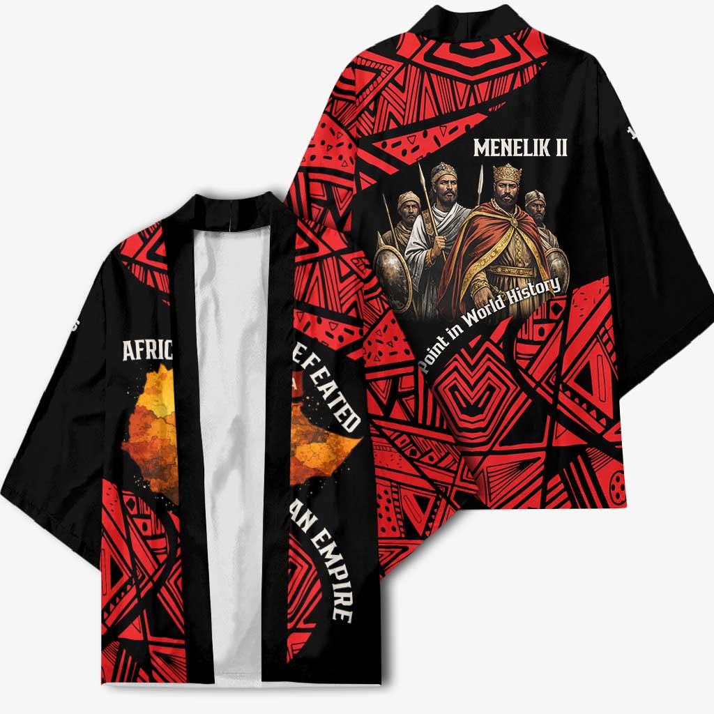 Menelik II Kimono with Adwa Victory Map, Africa Defeated an Empire Text and Red Geometric - African Pride