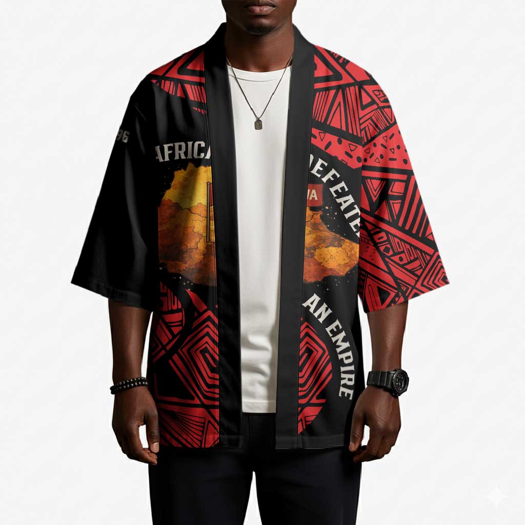 Menelik II Kimono with Adwa Victory Map, Africa Defeated an Empire Text and Red Geometric - African Pride