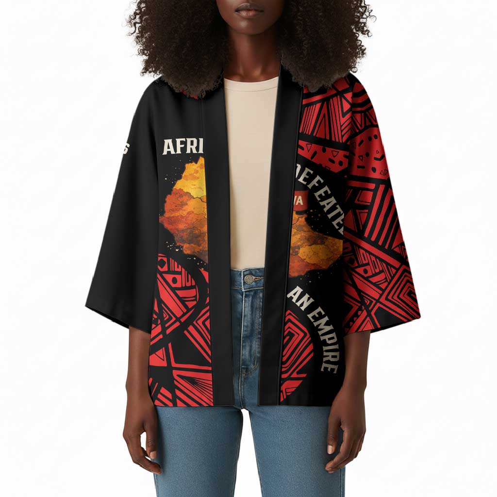 Menelik II Kimono with Adwa Victory Map, Africa Defeated an Empire Text and Red Geometric - African Pride