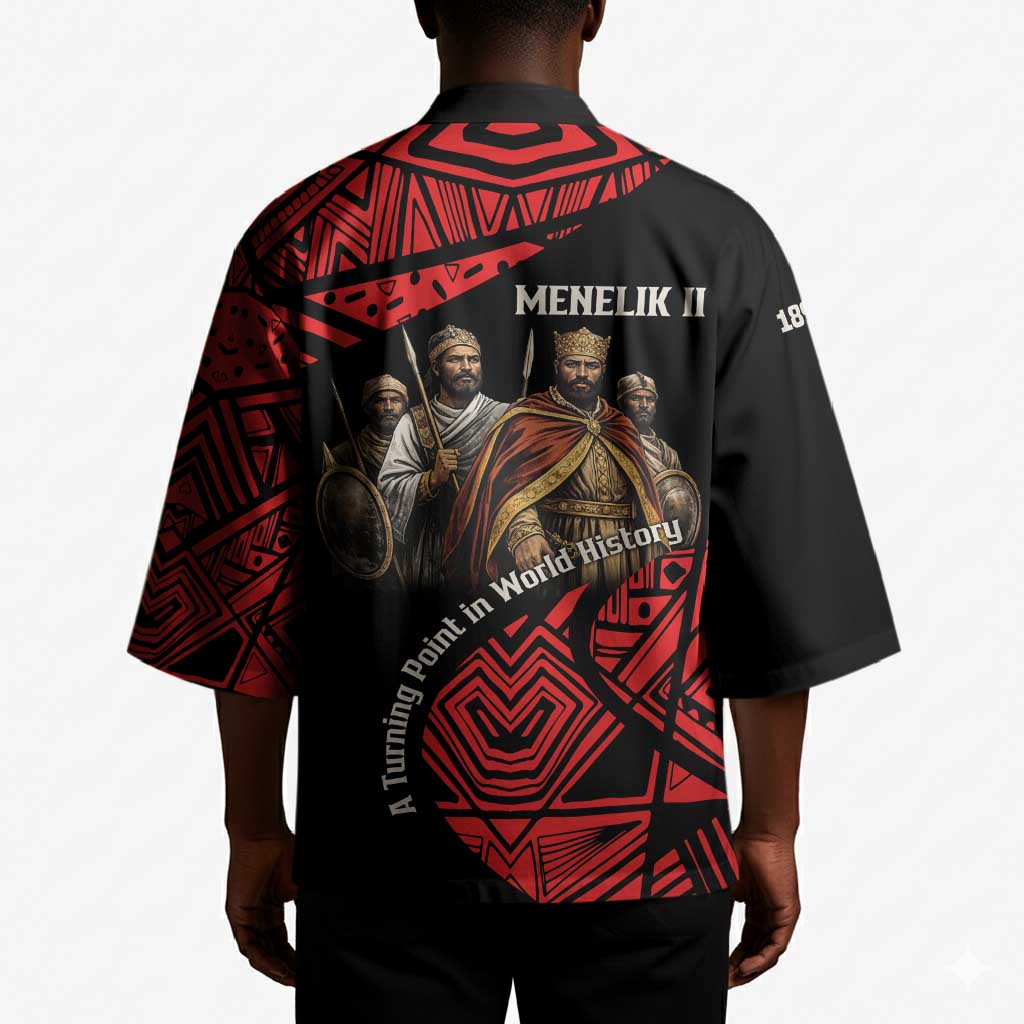Menelik II Kimono with Adwa Victory Map, Africa Defeated an Empire Text and Red Geometric - African Pride