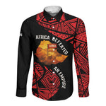 Menelik II Long Sleeve Button Shirt with Adwa Victory Map, Africa Defeated an Empire Text and Red Geometric - African Pride