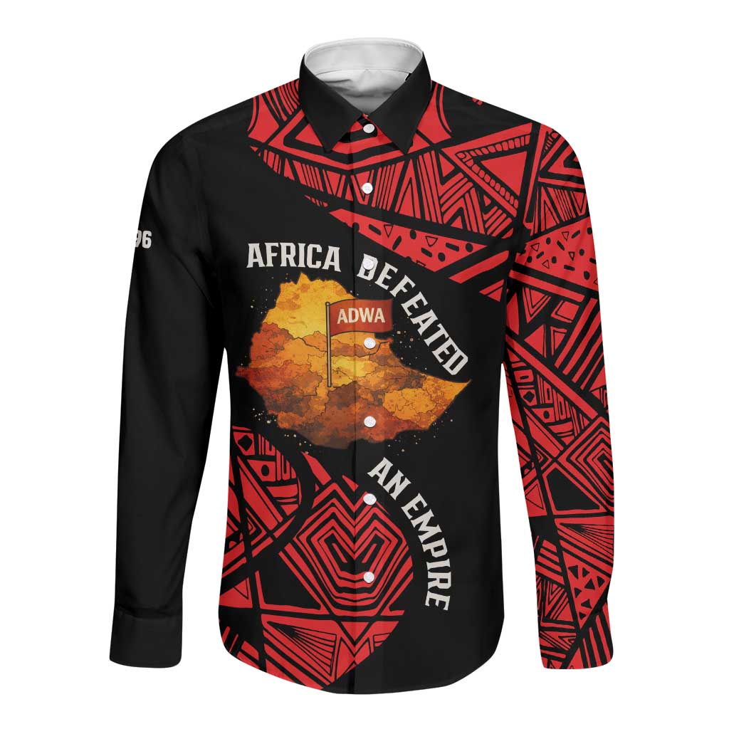 Menelik II Long Sleeve Button Shirt with Adwa Victory Map, Africa Defeated an Empire Text and Red Geometric - African Pride