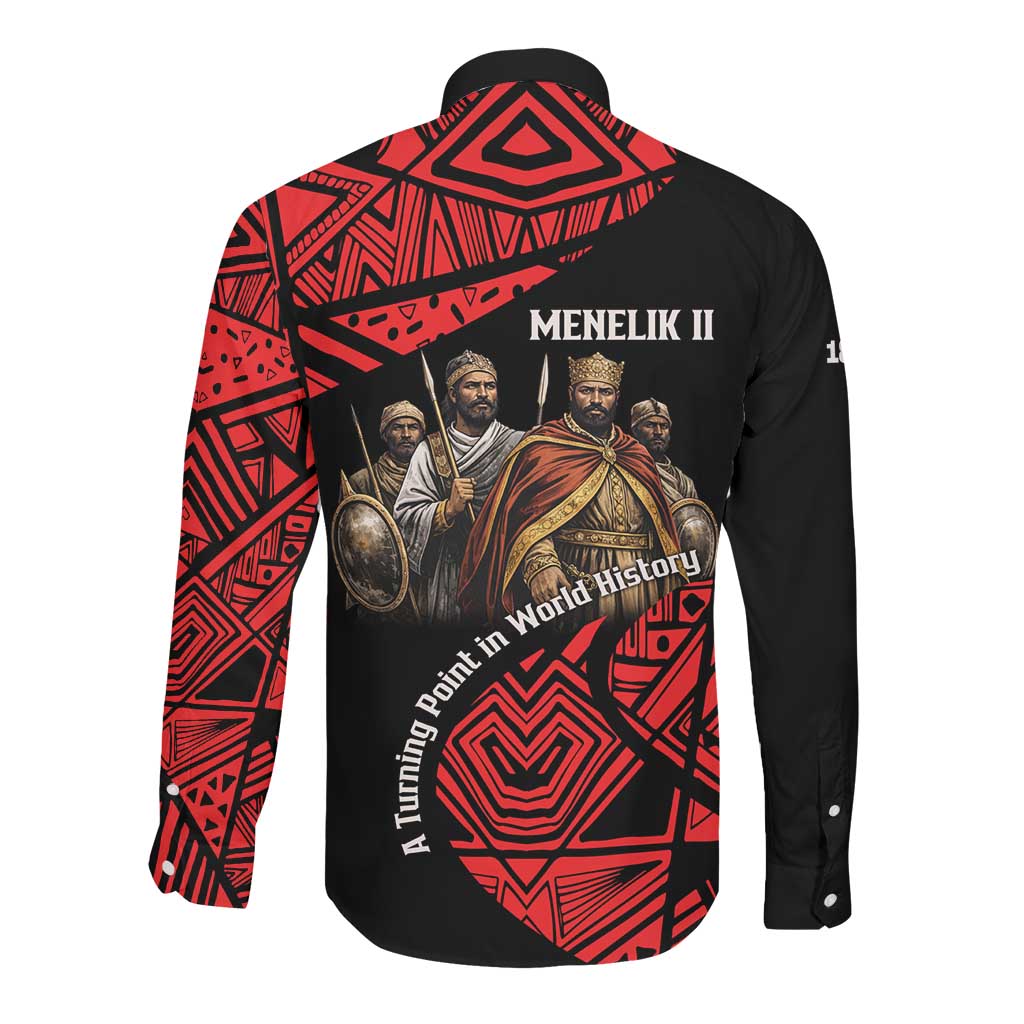 Menelik II Long Sleeve Button Shirt with Adwa Victory Map, Africa Defeated an Empire Text and Red Geometric - African Pride