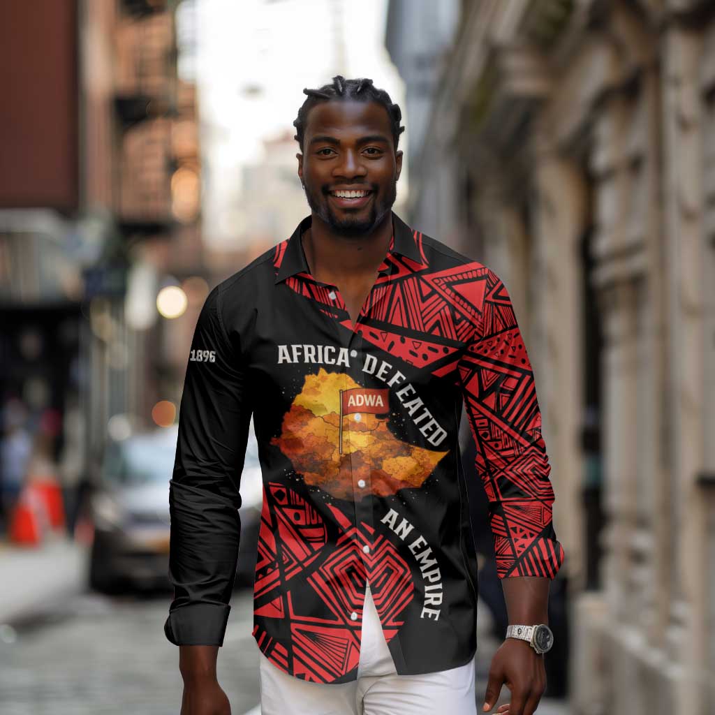 Menelik II Long Sleeve Button Shirt with Adwa Victory Map, Africa Defeated an Empire Text and Red Geometric - African Pride