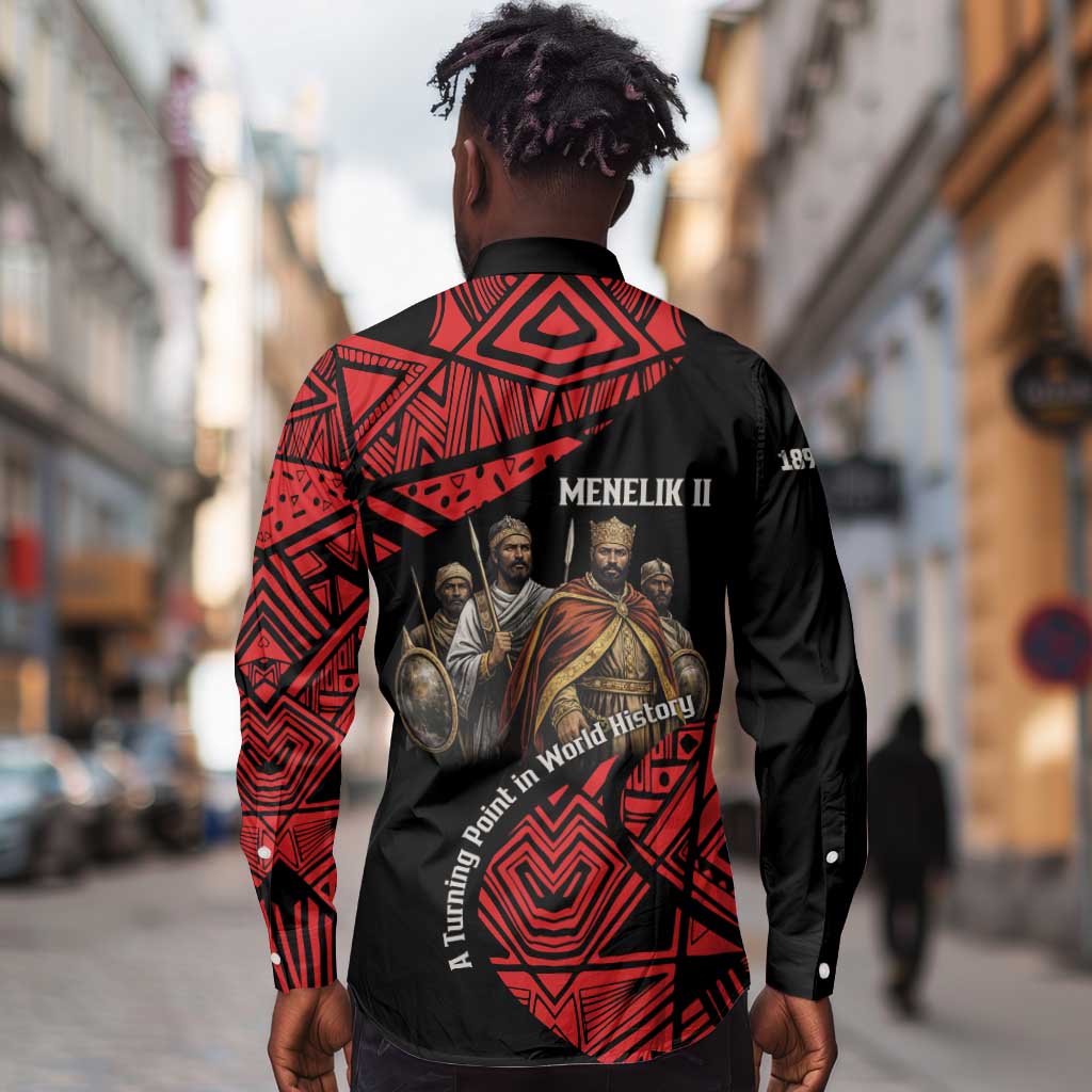Menelik II Long Sleeve Button Shirt with Adwa Victory Map, Africa Defeated an Empire Text and Red Geometric - African Pride