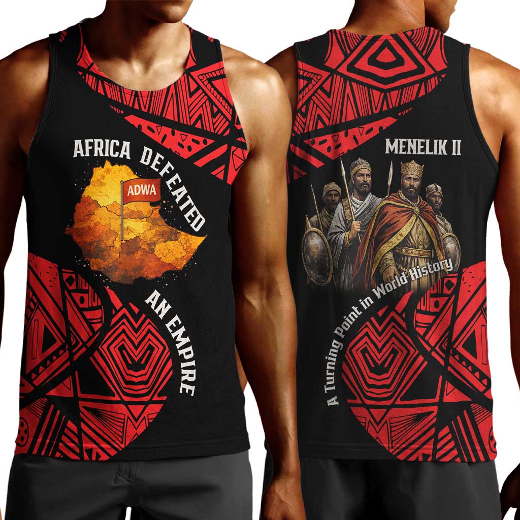 Menelik II Men Tank Top with Adwa Victory Map, Africa Defeated an Empire Text and Red Geometric - African Pride