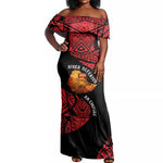 Menelik II Off Shoulder Maxi Dress with Adwa Victory Map, Africa Defeated an Empire Text and Red Geometric - African Pride