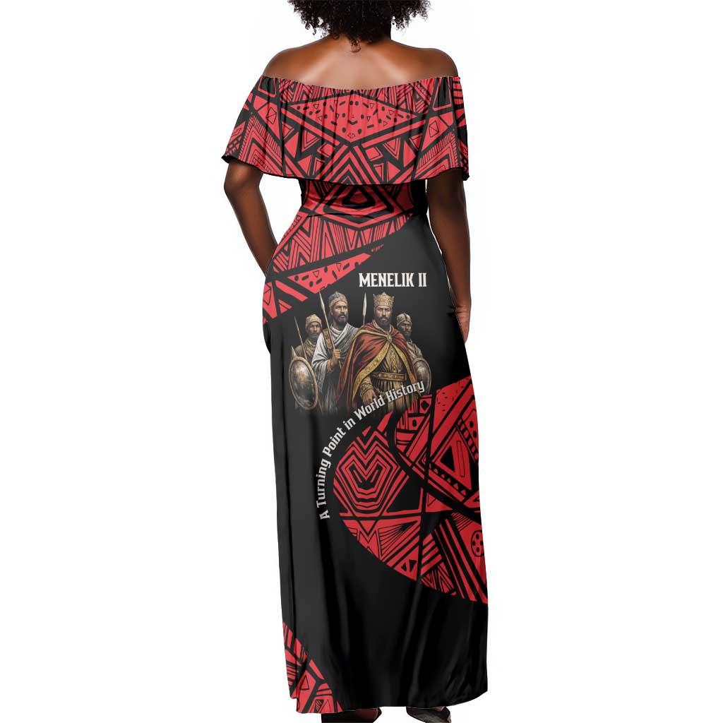 Menelik II Off Shoulder Maxi Dress with Adwa Victory Map, Africa Defeated an Empire Text and Red Geometric - African Pride