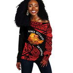 Menelik II Off Shoulder Sweater with Adwa Victory Map, Africa Defeated an Empire Text and Red Geometric - African Pride