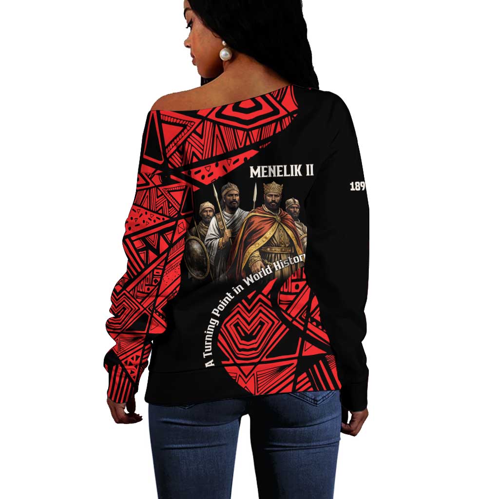Menelik II Off Shoulder Sweater with Adwa Victory Map, Africa Defeated an Empire Text and Red Geometric - African Pride