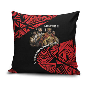 Menelik II Pillow Cover with Adwa Victory Map, Africa Defeated an Empire Text and Red Geometric - African Pride