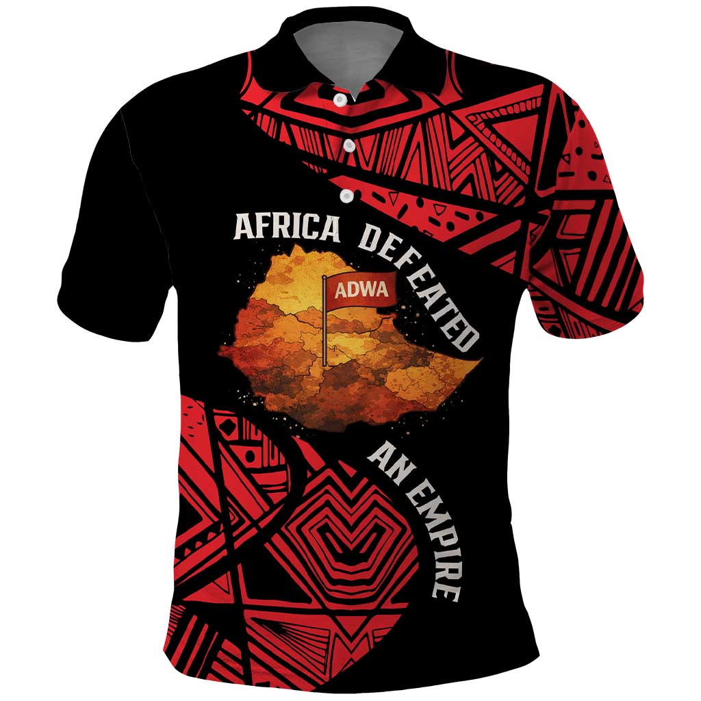 Menelik II Polo Shirt with Adwa Victory Map, Africa Defeated an Empire Text and Red Geometric - African Pride