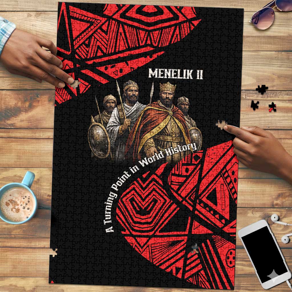 Menelik II Puzzle with Adwa Victory Map, Africa Defeated an Empire Text and Red Geometric - African Pride