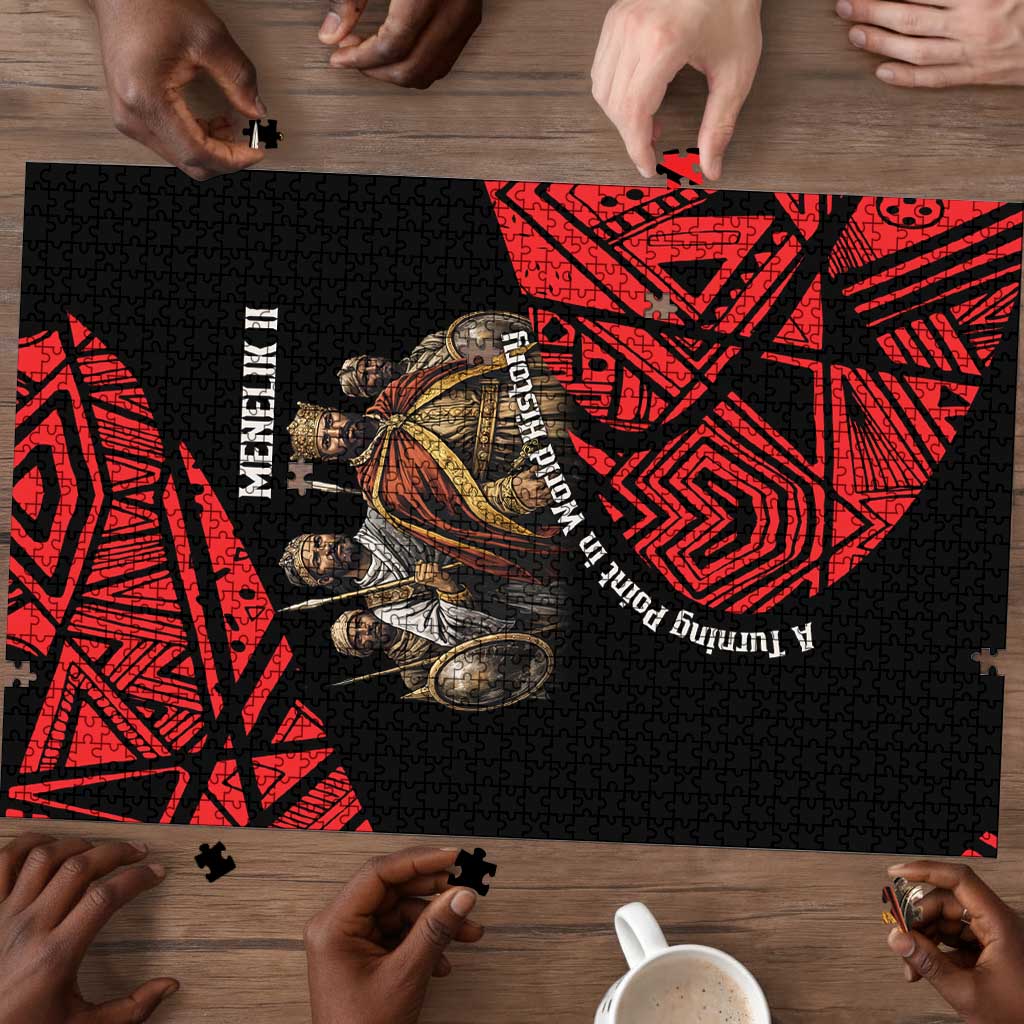 Menelik II Puzzle with Adwa Victory Map, Africa Defeated an Empire Text and Red Geometric - African Pride