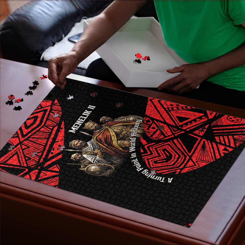 Menelik II Puzzle with Adwa Victory Map, Africa Defeated an Empire Text and Red Geometric - African Pride