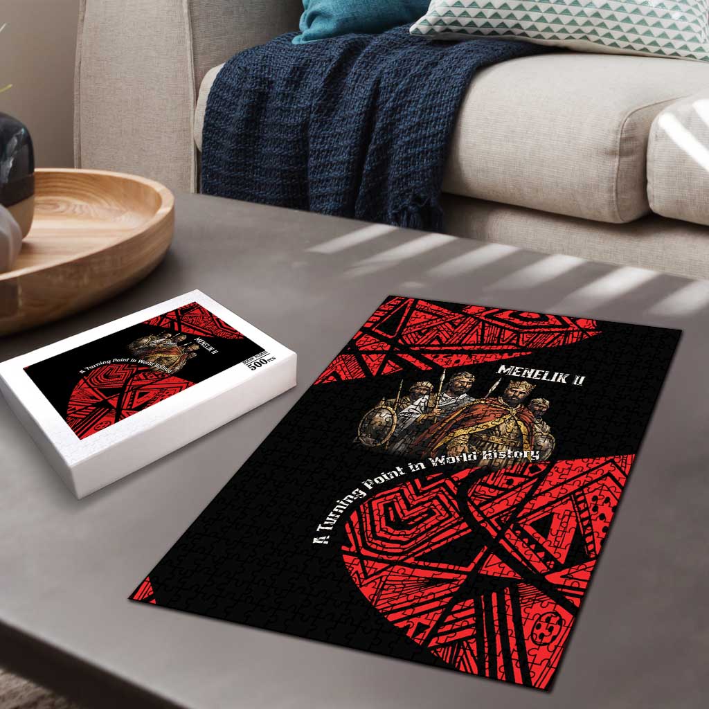 Menelik II Puzzle with Adwa Victory Map, Africa Defeated an Empire Text and Red Geometric - African Pride