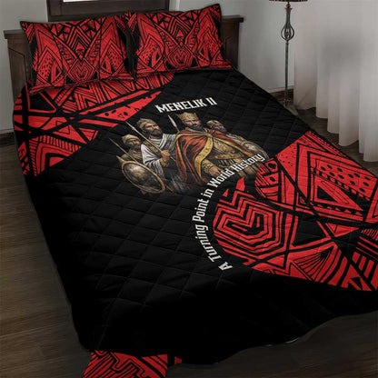 Menelik II Quilt Bed Set with Adwa Victory Map, Africa Defeated an Empire Text and Red Geometric - African Pride