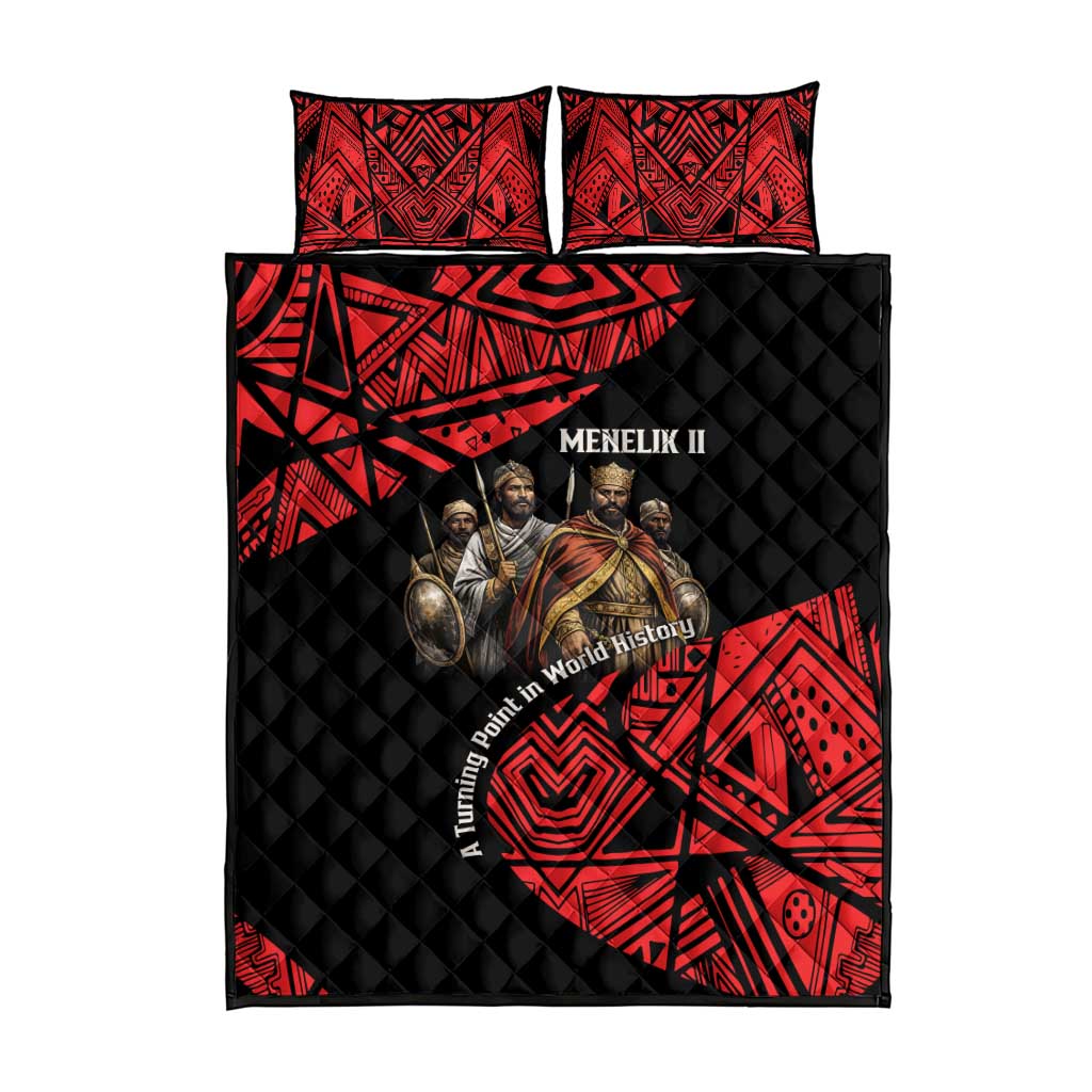 Menelik II Quilt Bed Set with Adwa Victory Map, Africa Defeated an Empire Text and Red Geometric - African Pride